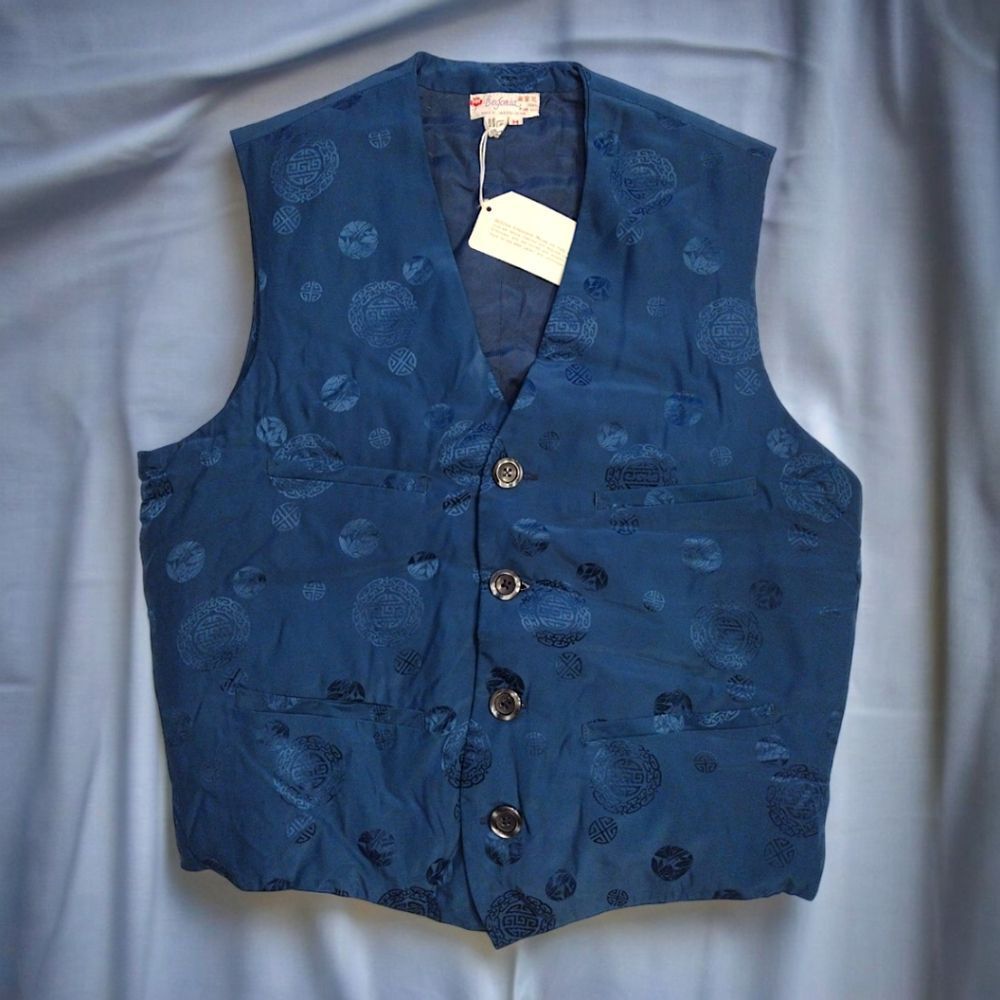 Begonia Hand Embroidered 100% Pure Silk Vest, Size M, Navy Blue, NWT / Vintage